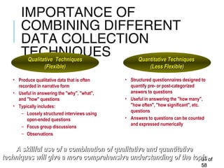 IMPORTANCE OF
COMBINING DIFFERENT
DATA COLLECTION
TECHNIQUES
3434 ofof
5858
A skillful use of a combination of qualitative and quantitativeA skillful use of a combination of qualitative and quantitative
techniques will give a more comprehensive understanding of the topictechniques will give a more comprehensive understanding of the topic
Qualitative TechniquesQualitative Techniques
(Flexible)(Flexible)
Quantitative TechniquesQuantitative Techniques
(Less Flexible)(Less Flexible)VS.
• Produce qualitative data that is often
recorded in narrative form
• Useful in answering the "why", "what",
and "how" questions
• Typically includes:
– Loosely structured interviews using
open-ended questions
– Focus group discussions
– Observations
• Structured questionnaires designed to
quantify pre- or post-categorized
answers to questions
• Useful in answering the "how many",
"how often", "how significant", etc.
questions
• Answers to questions can be counted
and expressed numerically
 
