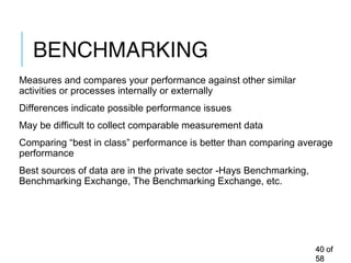BENCHMARKING
Measures and compares your performance against other similar
activities or processes internally or externally
Differences indicate possible performance issues
May be difficult to collect comparable measurement data
Comparing “best in class” performance is better than comparing average
performance
Best sources of data are in the private sector -Hays Benchmarking,
Benchmarking Exchange, The Benchmarking Exchange, etc.
4040 ofof
5858
 