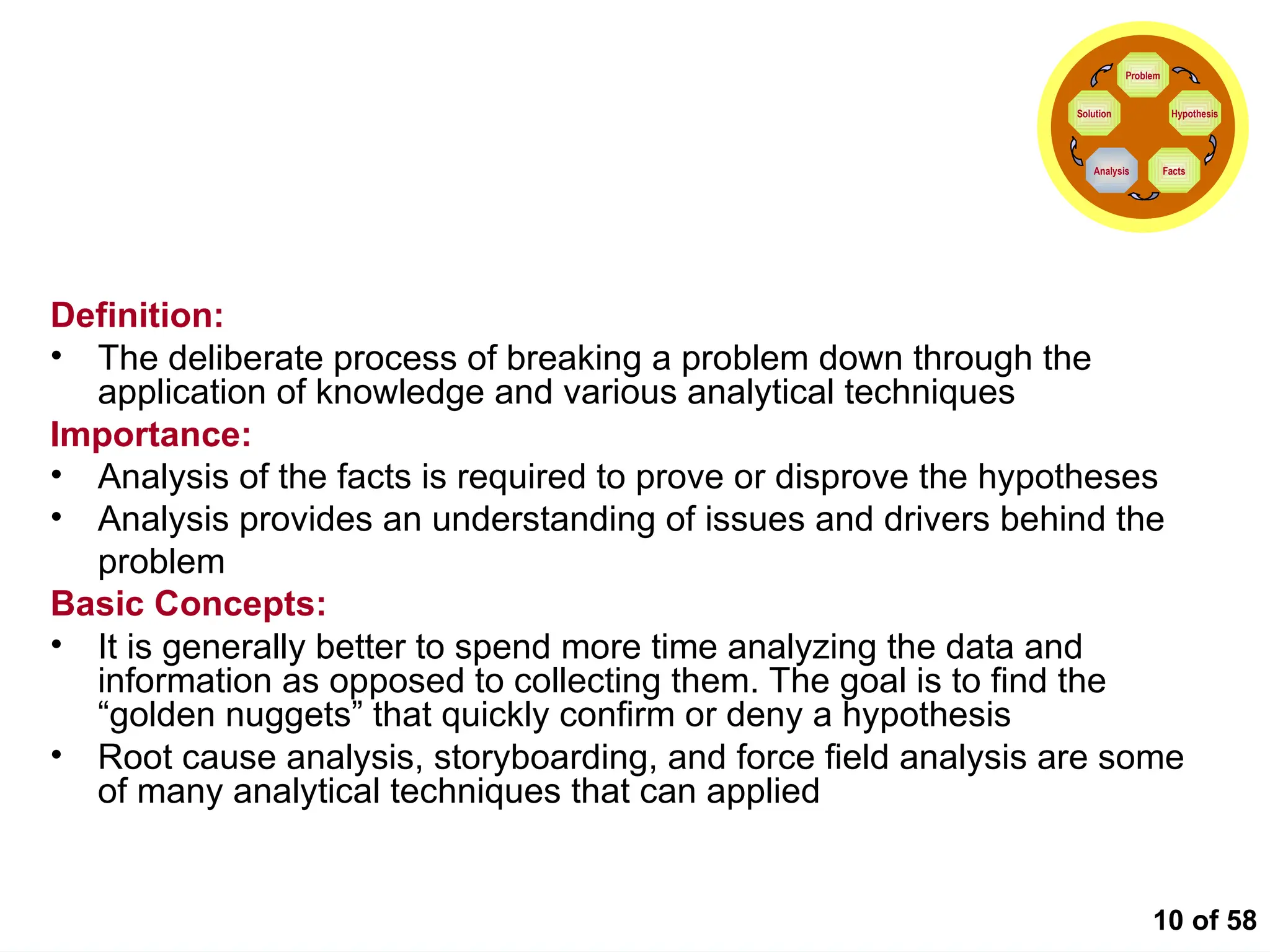 10 of 58
Conducting the Analysis
Definition:
• The deliberate process of breaking a problem down through the
application of knowledge and various analytical techniques
Importance:
• Analysis of the facts is required to prove or disprove the hypotheses
• Analysis provides an understanding of issues and drivers behind the
problem
Basic Concepts:
• It is generally better to spend more time analyzing the data and
information as opposed to collecting them. The goal is to find the
“golden nuggets” that quickly confirm or deny a hypothesis
• Root cause analysis, storyboarding, and force field analysis are some
of many analytical techniques that can applied
Problem
Hypothesis
Facts
Analysis
Solution
 
