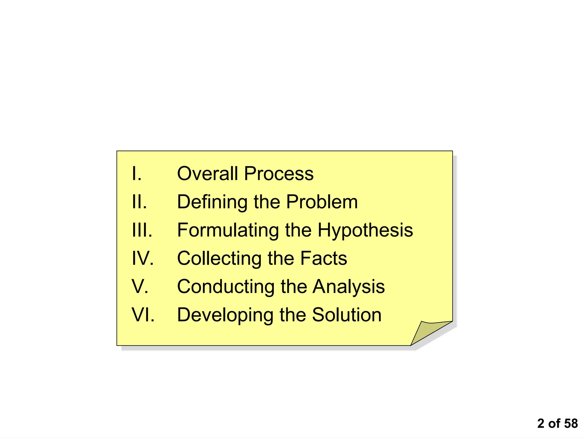 2 of 58
Course Outline
I. Overall Process
II. Defining the Problem
III. Formulating the Hypothesis
IV. Collecting the Facts
V. Conducting the Analysis
VI. Developing the Solution
 