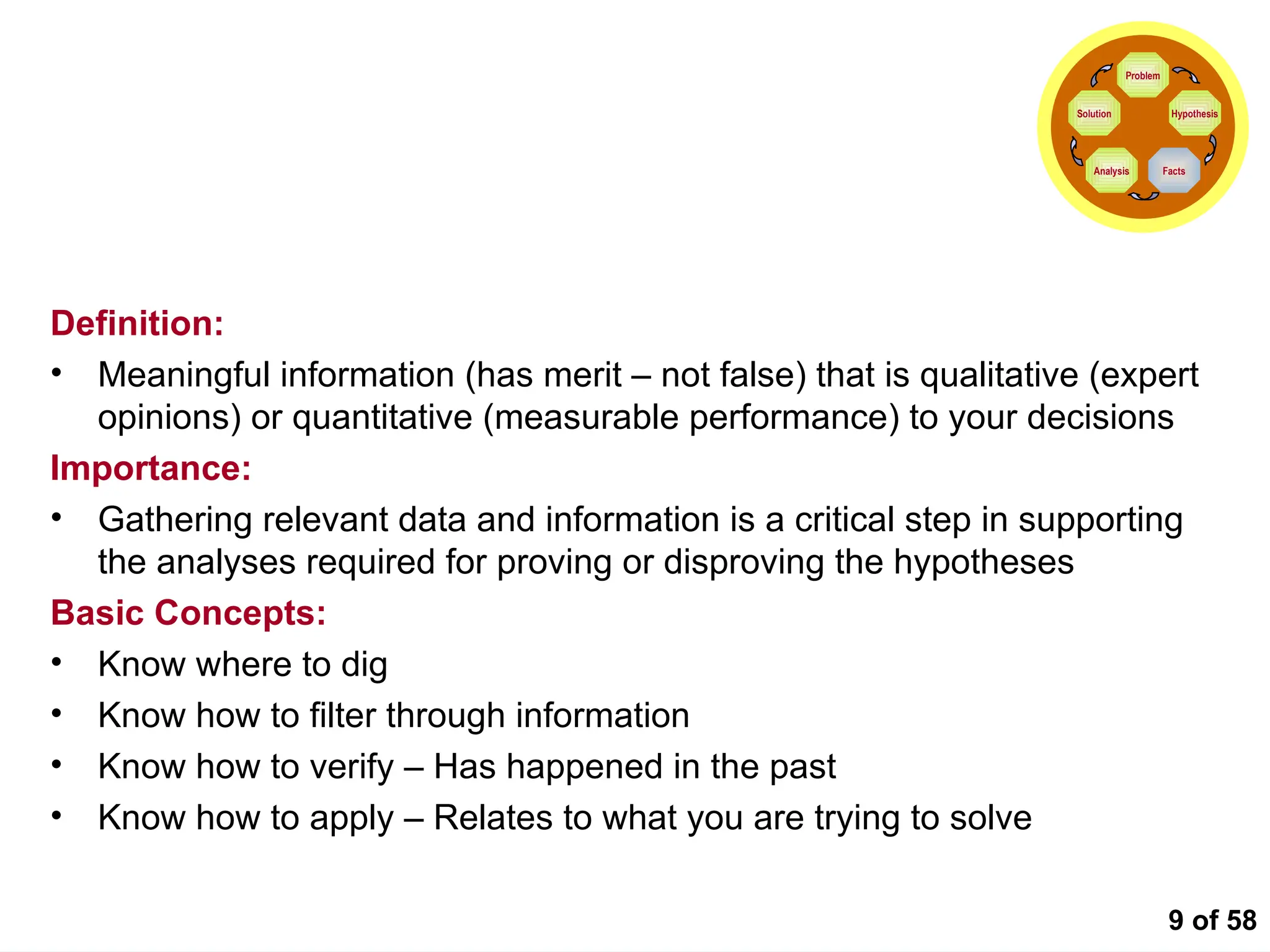 9 of 58
Collecting the Facts
Definition:
• Meaningful information (has merit – not false) that is qualitative (expert
opinions) or quantitative (measurable performance) to your decisions
Importance:
• Gathering relevant data and information is a critical step in supporting
the analyses required for proving or disproving the hypotheses
Basic Concepts:
• Know where to dig
• Know how to filter through information
• Know how to verify – Has happened in the past
• Know how to apply – Relates to what you are trying to solve
Problem
Hypothesis
Facts
Analysis
Solution
 