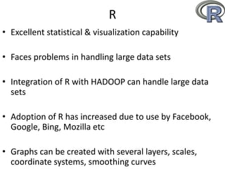 • Excellent statistical & visualization capability
• Faces problems in handling large data sets
• Integration of R with HADOOP can handle large data
sets
• Adoption of R has increased due to use by Facebook,
Google, Bing, Mozilla etc
• Graphs can be created with several layers, scales,
coordinate systems, smoothing curves
R
 