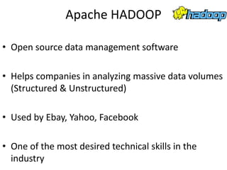 Apache HADOOP
• Open source data management software
• Helps companies in analyzing massive data volumes
(Structured & Unstructured)
• Used by Ebay, Yahoo, Facebook
• One of the most desired technical skills in the
industry
 