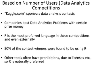 • “Kaggle.com” sponsors data analysis contests
• Companies post Data Analytics Problems with certain
prize money
• R is the most preferred language in these competitions
and even externally
• 50% of the contest winners were found to be using R
• Other tools often have prohibitions, due to licenses etc,
so R is naturally preferred
Based on Number of Users (Data Analytics
Competitions
 