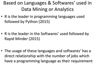 • R is the leader in programming languages used
followed by Python (2015)
• R is the leader in the Softwares’ used followed by
Rapid Minder (2015)
• The usage of these languages and softwares’ has a
direct relationship with the number of jobs which
have a programming language as their requirement
Based on Languages & Softwares’ used in
Data Mining or Analytics
 