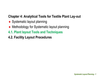 Chapter 4: Analytical Tools for Textile Plant Lay-out
 Systematic layout planning
 Methodology for Systematic layout planning
4.1. Plant layout Tools and Techniques
4.2. Facility Layout Procedures
Systematic Layout Planning - 1
 