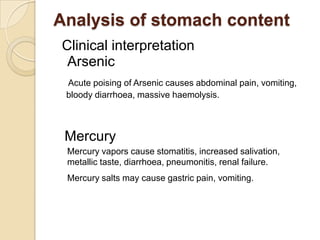 Analysis of stomach content
Clinical interpretation
Arsenic
Acute poising of Arsenic causes abdominal pain, vomiting,
bloody diarrhoea, massive haemolysis.

Mercury
Mercury vapors cause stomatitis, increased salivation,
metallic taste, diarrhoea, pneumonitis, renal failure.
Mercury salts may cause gastric pain, vomiting.

 