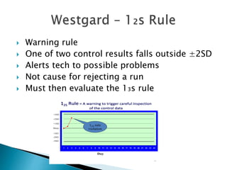  Warning rule
 One of two control results falls outside ±2SD
 Alerts tech to possible problems
 Not cause for rejecting a run
 Must then evaluate the 1₃s rule
12S Rule = A warning to trigger careful inspection
of the control data
1 2 3 4 5 6 7 8 9 10 11 12 13 14 15 16 17 18 19 20 21 22 23 24
Mean
Day
+1SD
+2SD
+3SD
-1SD
-2SD
-3SD
12S rule
violation
79
 
