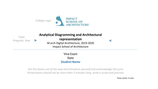 Topic
Program, Year
v
v
Get the basics out of the way and introduce yourself and acknowledge the juror.
Presentation should not be more than 5 minutes long, write a script and practice.
College Logo
Time Limit: ¼ min
Analytical Diagramming and Architectural
representation
M arch Digital Architecture, 2019-2020
Impact School of Architecture
Viva Exam
Date
Student Name
 