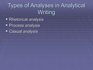 Types of Analyses in Analytical
Writing
 Rhetorical analysis
 Process analysis
 Casual analysis
 