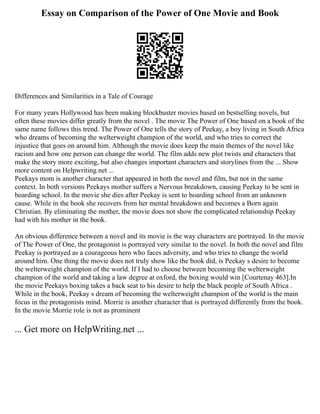 Essay on Comparison of the Power of One Movie and Book
Differences and Similarities in a Tale of Courage
For many years Hollywood has been making blockbuster movies based on bestselling novels, but
often these movies differ greatly from the novel . The movie The Power of One based on a book of the
same name follows this trend. The Power of One tells the story of Peekay, a boy living in South Africa
who dreams of becoming the welterweight champion of the world, and who tries to correct the
injustice that goes on around him. Although the movie does keep the main themes of the novel like
racism and how one person can change the world. The film adds new plot twists and characters that
make the story more exciting, but also changes important characters and storylines from the ... Show
more content on Helpwriting.net ...
Peekays mom is another character that appeared in both the novel and film, but not in the same
context. In both versions Peekays mother suffers a Nervous breakdown, causing Peekay to be sent in
boarding school. In the movie she dies after Peekay is sent to boarding school from an unknown
cause. While in the book she recovers from her mental breakdown and becomes a Born again
Christian. By eliminating the mother, the movie does not show the complicated relationship Peekay
had with his mother in the book.
An obvious difference between a novel and its movie is the way characters are portrayed. In the movie
of The Power of One, the protagonist is portrayed very similar to the novel. In both the novel and film
Peekay is portrayed as a courageous hero who faces adversity, and who tries to change the world
around him. One thing the movie does not truly show like the book did, is Peekay s desire to become
the welterweight champion of the world. If I had to choose between becoming the welterweight
champion of the world and taking a law degree at oxford, the boxing would win [Courtenay 463].In
the movie Peekays boxing takes a back seat to his desire to help the black people of South Africa .
While in the book, Peekay s dream of becoming the welterweight champion of the world is the main
focus in the protagonists mind. Morrie is another character that is portrayed differently from the book.
In the movie Morrie role is not as prominent
... Get more on HelpWriting.net ...
 