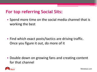 For top referring Social Sits:
MetaKave.com
• Spend more time on the social media channel that is
working the best
• Find which exact posts/tactics are driving traffic.
Once you figure it out, do more of it
• Double down on growing fans and creating content
for that channel
 