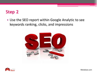 Step 2
MetaKave.com
• Use the SEO report within Google Analytic to see
keywords ranking, clicks, and impressions
 