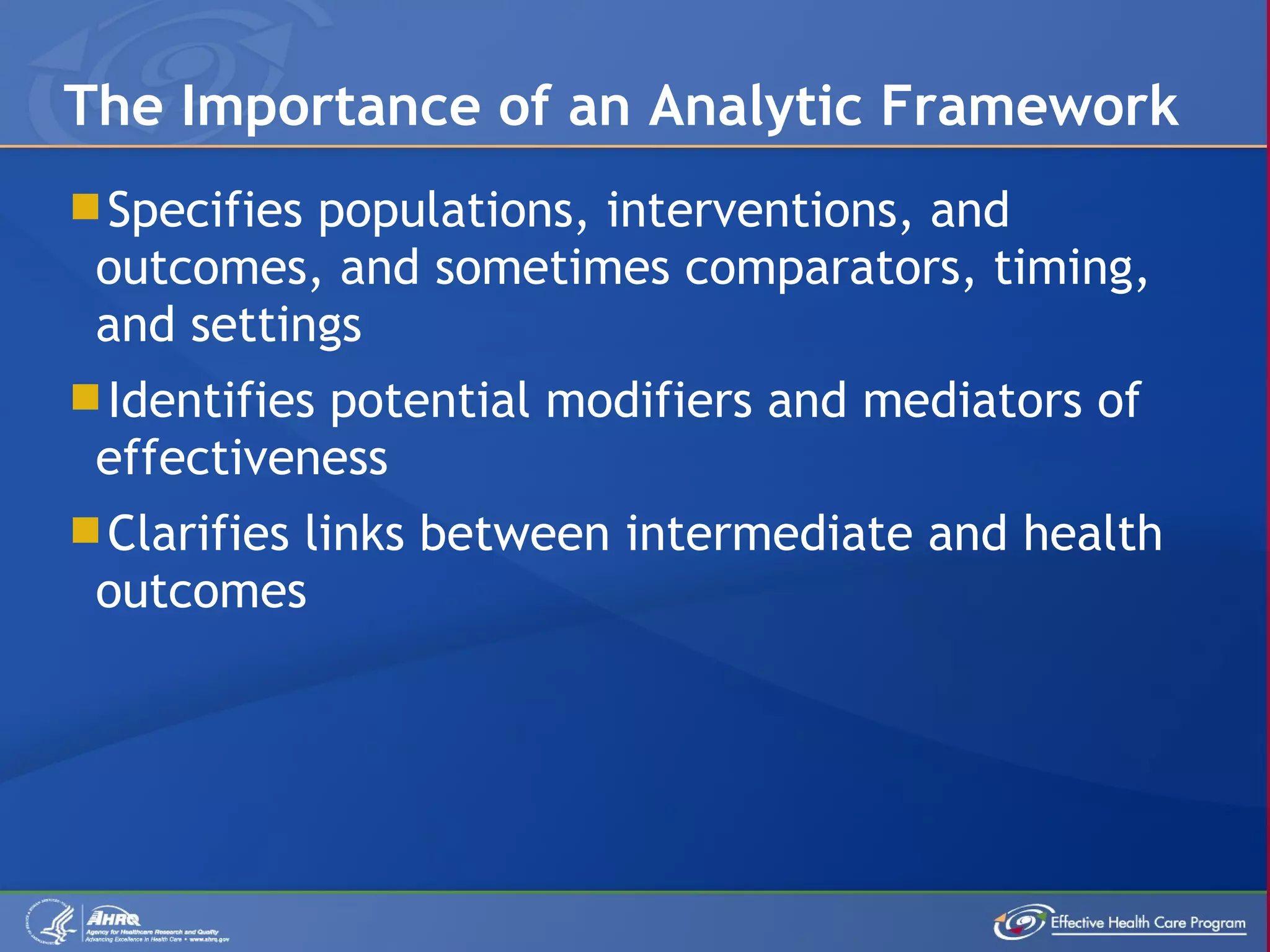 Specifies populations, interventions, and outcomes, and sometimes comparators, timing, and settings Identifies potential modifiers and mediators of effectiveness Clarifies links between intermediate and health outcomes The Importance of an Analytic Framework 
