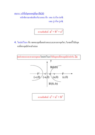 สมการ วงรีซงมีจุดยอดอยูทจุด (h,k) 
           ึ่            ี่
     หลักพิจารณาเชนเดียวกับวงกลม คือ  แทน  x ดวย x­h 
                                       แทน  y ดวย y­k 


                           ความสัมพันธ  a  = b  + c 
                                          2    2    2 




4.  ไฮเปอรโบลา คือ เซตของจุดซึงผลตางของระยะทางจากจุดใดๆ ในเซตนี้ไปยังจุด 
                               ่
    คงที่สองจุดมีคาคงตัวเสมอ 


   ผลตางของระยะทางจากจุดบนไฮเปอรโบลาไปยังจุดคงที่สองจุดมีคาเทากับ 2a 
                                      y 

                                         B(0,b) 
                           /       / 
                          F       v  o    v          F 
                      (­c,0)    (­a,0)     (a,0)  (c,0) 
                                        / 
                                       B (0,­b) 



                           ความสัมพันธ  c  = a  + b 
                                          2    2    2
 