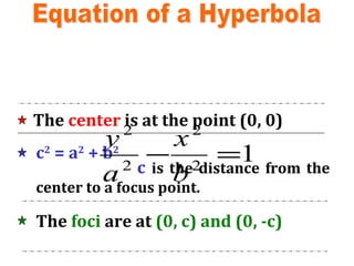 Equation of a Hyperbola The  center  is at the point (0, 0) c 2  = a 2  + b 2   c   is the distance from the center to a focus point. The  foci  are at  (0, c) and (0, -c) 