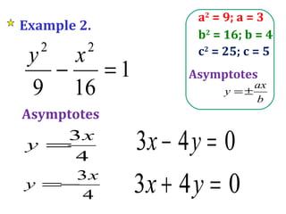 Example 2. Asymptotes c 2  = 25; c = 5 b 2  = 16; b = 4 a 2  = 9; a = 3 Asymptotes 