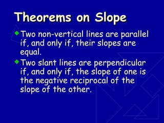 Theorems on SlopeTheorems on Slope
Two non-vertical lines are parallel
if, and only if, their slopes are
equal.
Two slant lines are perpendicular
if, and only if, the slope of one is
the negative reciprocal of the
slope of the other.
 
