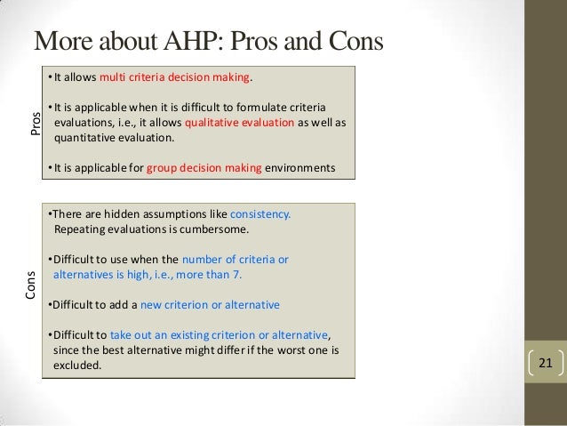 the significance of analytic hierarchy process to complex decision making The method is called analytic hierarchy process (or analytical by reducing complex decision making to comparisons between pairs of alternatives and by synthesizing results ahp as the decision maker, to compare the significance of each alternative in relation to another one. the significance of analytic hierarchy process to complex decision making The method is called analytic hierarchy process (or analytical by reducing complex decision making to comparisons between pairs of alternatives and by synthesizing results ahp as the decision maker, to compare the significance of each alternative in relation to another one.