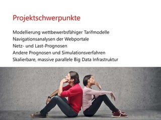 Projektschwerpunkte
Modellierung wettbewerbsfähiger Tarifmodelle
Navigationsanalysen der Webportale
Netz- und Last-Prognosen
Andere Prognosen und Simulationsverfahren
Skalierbare, massive parallele Big Data Infrastruktur
 