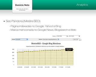 Analytics




Seo Pandora (Mestre SEO)
  - Página indexadas no Google, Yahoo! e Bing
  - Marca mencionada no Google News, Blogsearch e Web
 