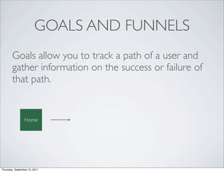 GOALS AND FUNNELS
        Goals allow you to track a path of a user and
        gather information on the success or failure of
        that path.


                 Home




Thursday, September 15, 2011
 