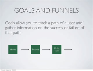 GOALS AND FUNNELS
        Goals allow you to track a path of a user and
        gather information on the success or failure of
        that path.


                                         Order
                 Home          Product
                                         Form




Thursday, September 15, 2011
 