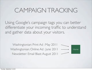 CAMPAIGN TRACKING
        Using Google’s campaign tags you can better
        differentiate your incoming trafﬁc to understand
        and gather data about your visitors.

                  Washingtonian: Print Ad : May 2011
                 Washingtonian: Online Ad : June 2011    Home

                  Newsletter: Email Blast: August 2011



Thursday, September 15, 2011
 