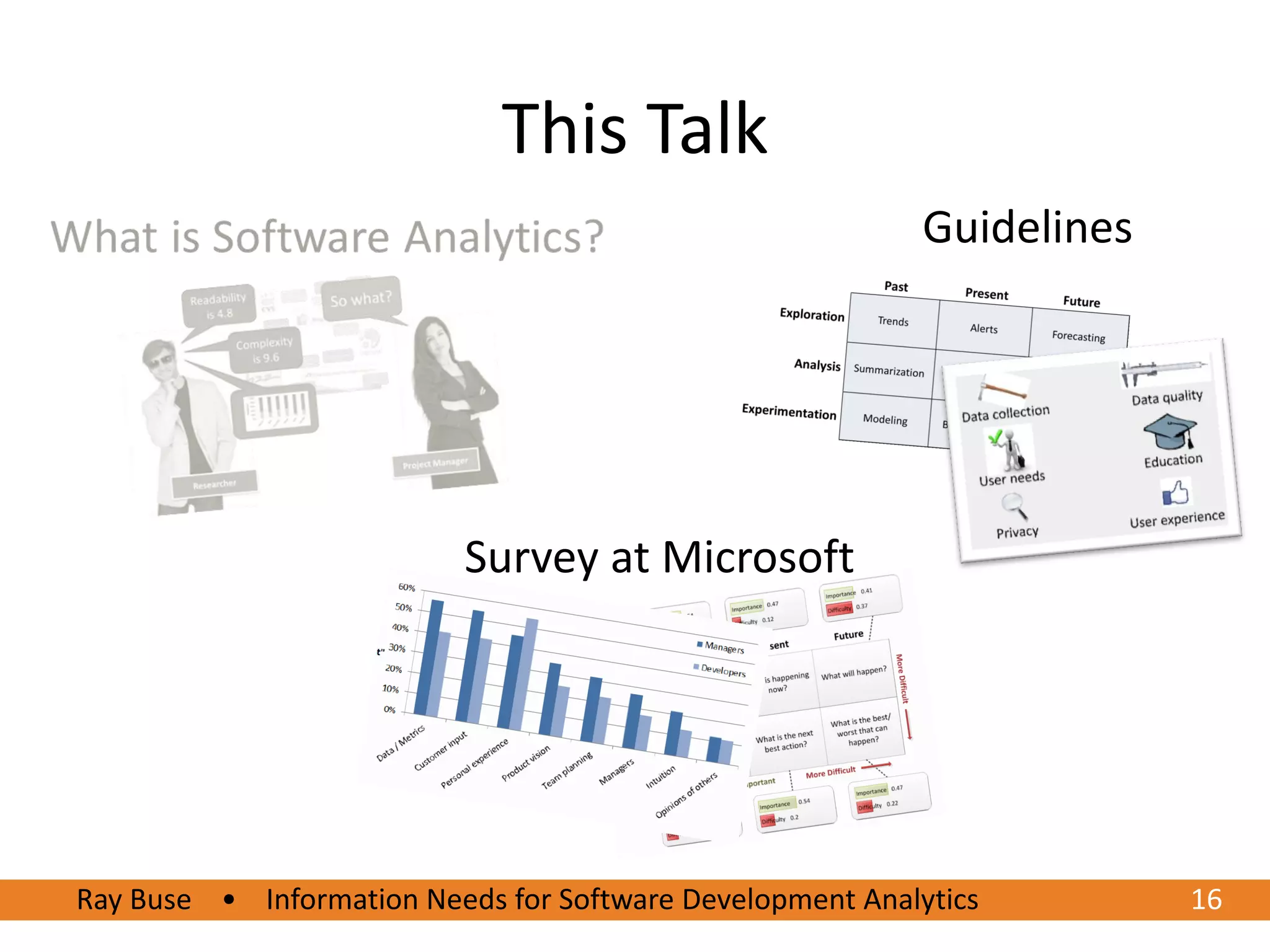 This Talk
                                                           Guidelines




                           Survey at Microsoft




Ray Buse • Information Needs for Software Development Analytics
6/20/2012                                                               1616
 