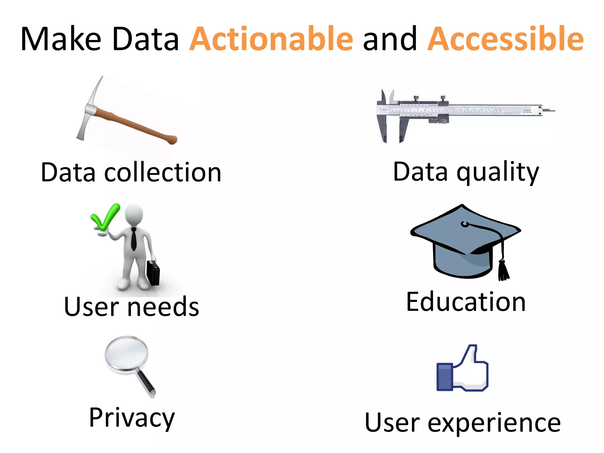 Make Data Actionable and Accessible


 Data collection       Data quality



  User needs            Education


    Privacy          User experience
 