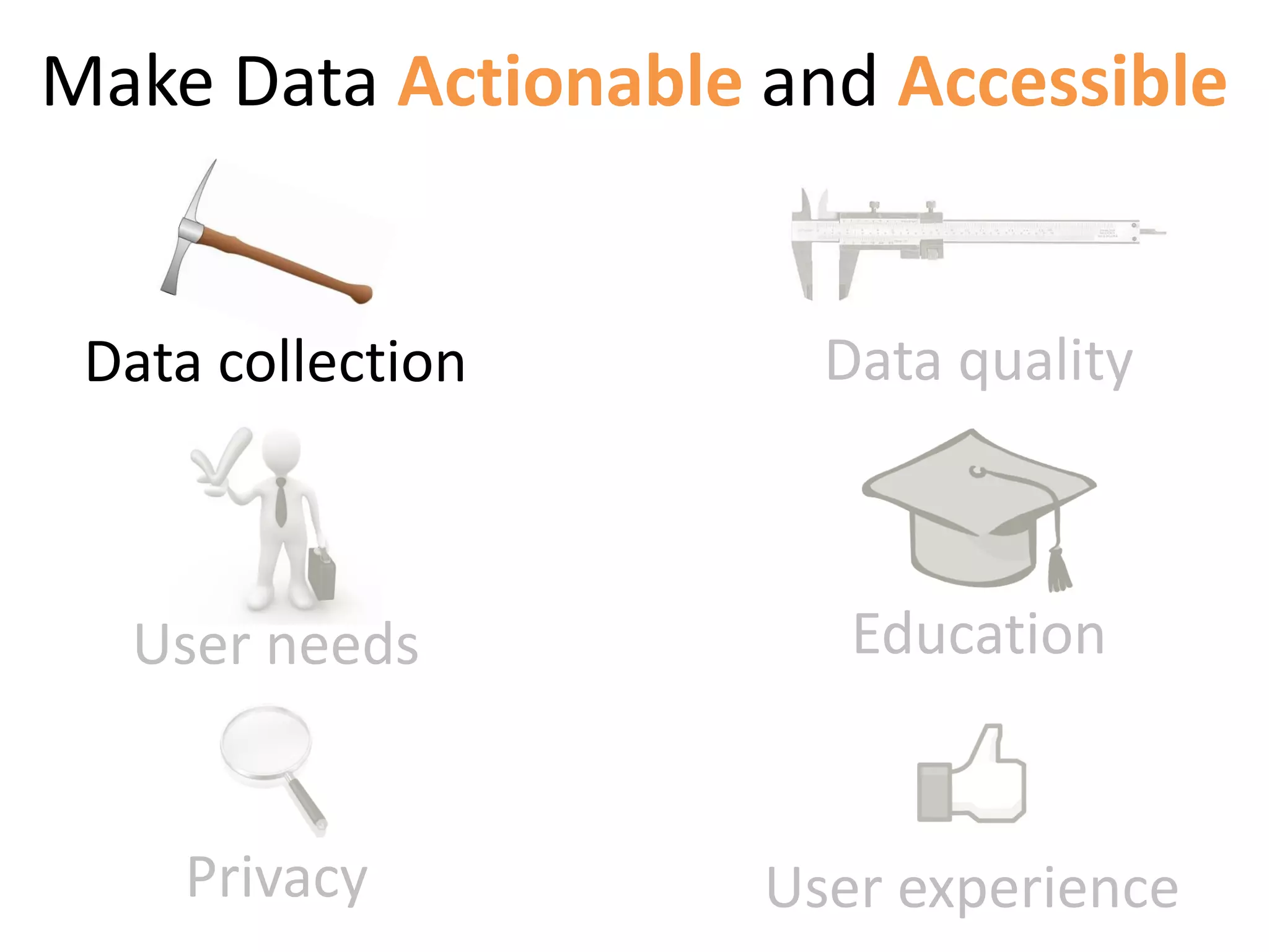 Make Data Actionable and Accessible


 Data collection       Data quality



  User needs            Education


    Privacy          User experience
 