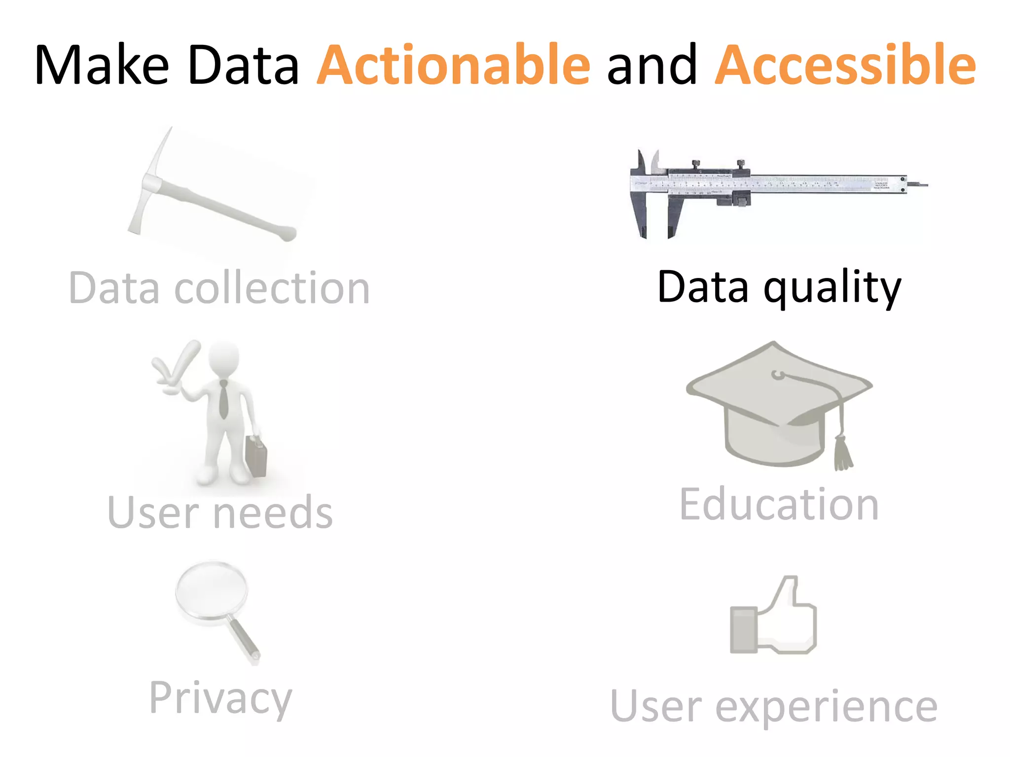 Make Data Actionable and Accessible


 Data collection       Data quality



  User needs            Education


    Privacy          User experience
 