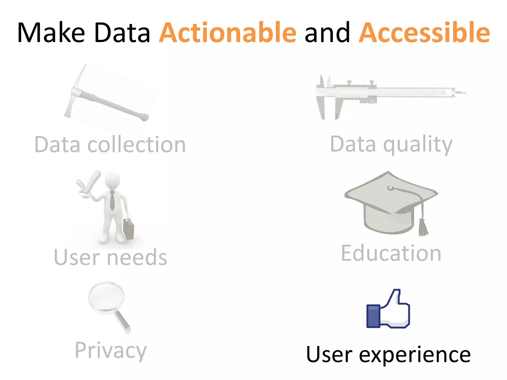 Make Data Actionable and Accessible


 Data collection       Data quality



  User needs            Education


    Privacy          User experience
 