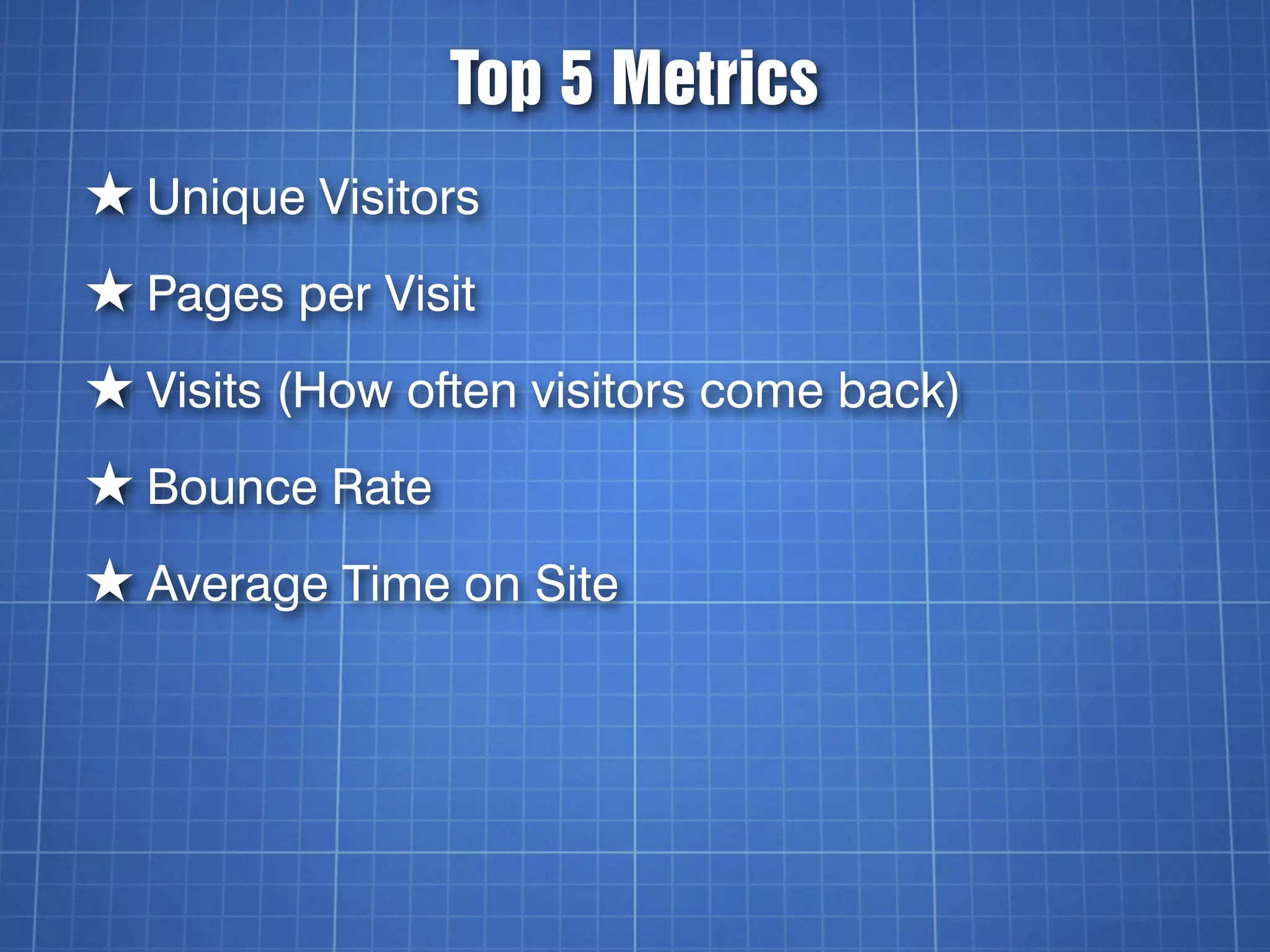 Top 5 Metrics
★ Unique Visitors
★ Pages per Visit
★ Visits (How often visitors come back)
★ Bounce Rate
★ Average Time on Site
 