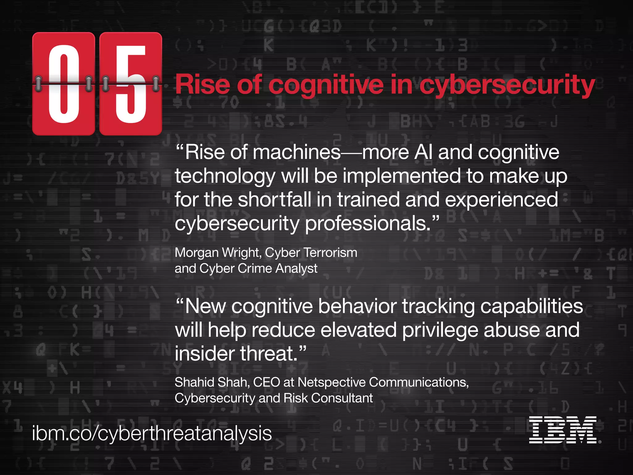 ibm.co/cyberthreatanalysis
“Rise of machines—more AI and cognitive
technology will be implemented to make up
for the shortfall in trained and experienced
cybersecurity professionals.”
Morgan Wright, Cyber Terrorism
and Cyber Crime Analyst
Rise of cognitive in cybersecurity
“New cognitive behavior tracking capabilities
will help reduce elevated privilege abuse and
insider threat.”
Shahid Shah, CEO at Netspective Communications,
Cybersecurity and Risk Consultant
 
