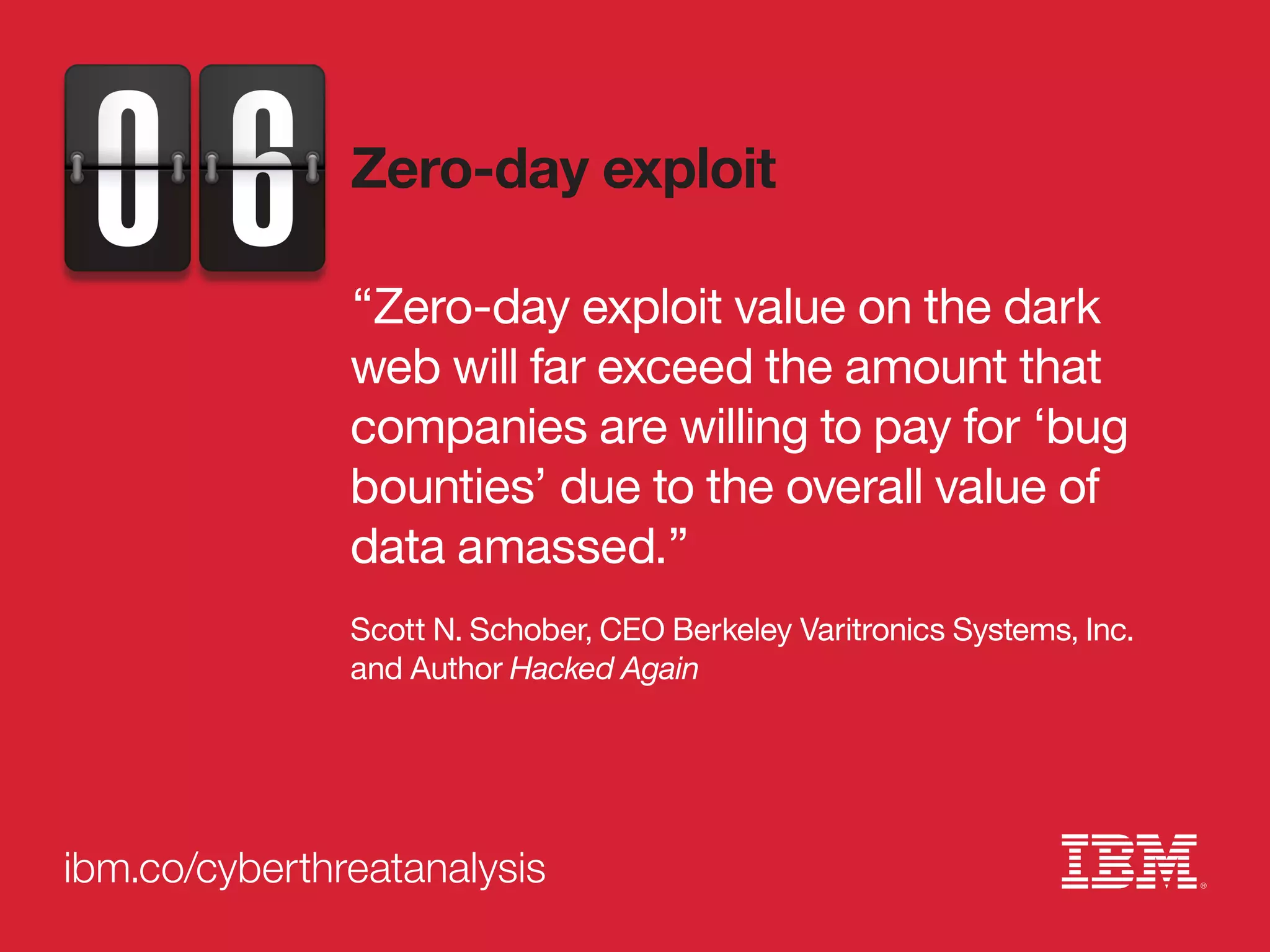 ibm.co/cyberthreatanalysis
“Zero-day exploit value on the dark
web will far exceed the amount that
companies are willing to pay for ‘bug
bounties’ due to the overall value of
data amassed.”
Scott N. Schober, CEO Berkeley Varitronics Systems, Inc.
and Author Hacked Again
Zero-day exploit
 
