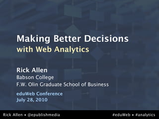 Making Better Decisions
      with Web Analytics

      Rick Allen
      Babson College
      F.W. Olin Graduate School of Business
      eduWeb Conference
      July 28, 2010


Rick Allen • @epublishmedia                   #eduWeb • #analytics
 