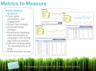 Metrics to Measure
 Mobile Website
  Analytics
 Track sales,
  conversions, and
  engagement
 Screen flow analysis
 Customer/Visitor
  Analysis
 Mcommerce reporting:
  trace transactions to
  campaigns and identify
  best revenue sources
 URL/link tracking, ideal
   for recoding links to 3rd
  party
 Video and other actions




                    We Strategize. We Execute. We Deliver. On All Screens.
 