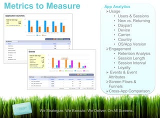 Metrics to Measure                           App Analytics
                                              Usage
                                                  • Users & Sessions
                                                  • New vs. Returning
                                                  • Daypart
                                                  • Device
                                                  • Carrier
                                                  • Country
                                                  • OS/App Version
                                              Engagement
                                                  • Retention Analysis
                                                  • Session Length
                                                  • Session Interval
                                                  • Loyalty
                                               Events & Event
                                               Attributes
                                              Screen Flows &
                                               Funnels
                                              Cross-App Comparison




        We Strategize. We Execute. We Deliver. On All Screens.
 