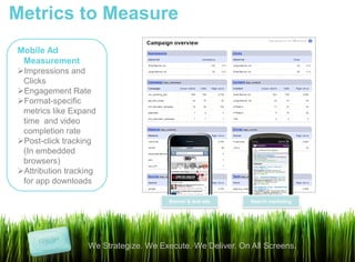 Metrics to Measure
Mobile Ad
 Measurement
Impressions and
 Clicks
Engagement Rate
Format-specific
 metrics like Expand
 time and video
 completion rate
Post-click tracking
 (In embedded
 browsers)
Attribution tracking
 for app downloads

                                      Banner & text ads     Search marketing




                  We Strategize. We Execute. We Deliver. On All Screens.
 