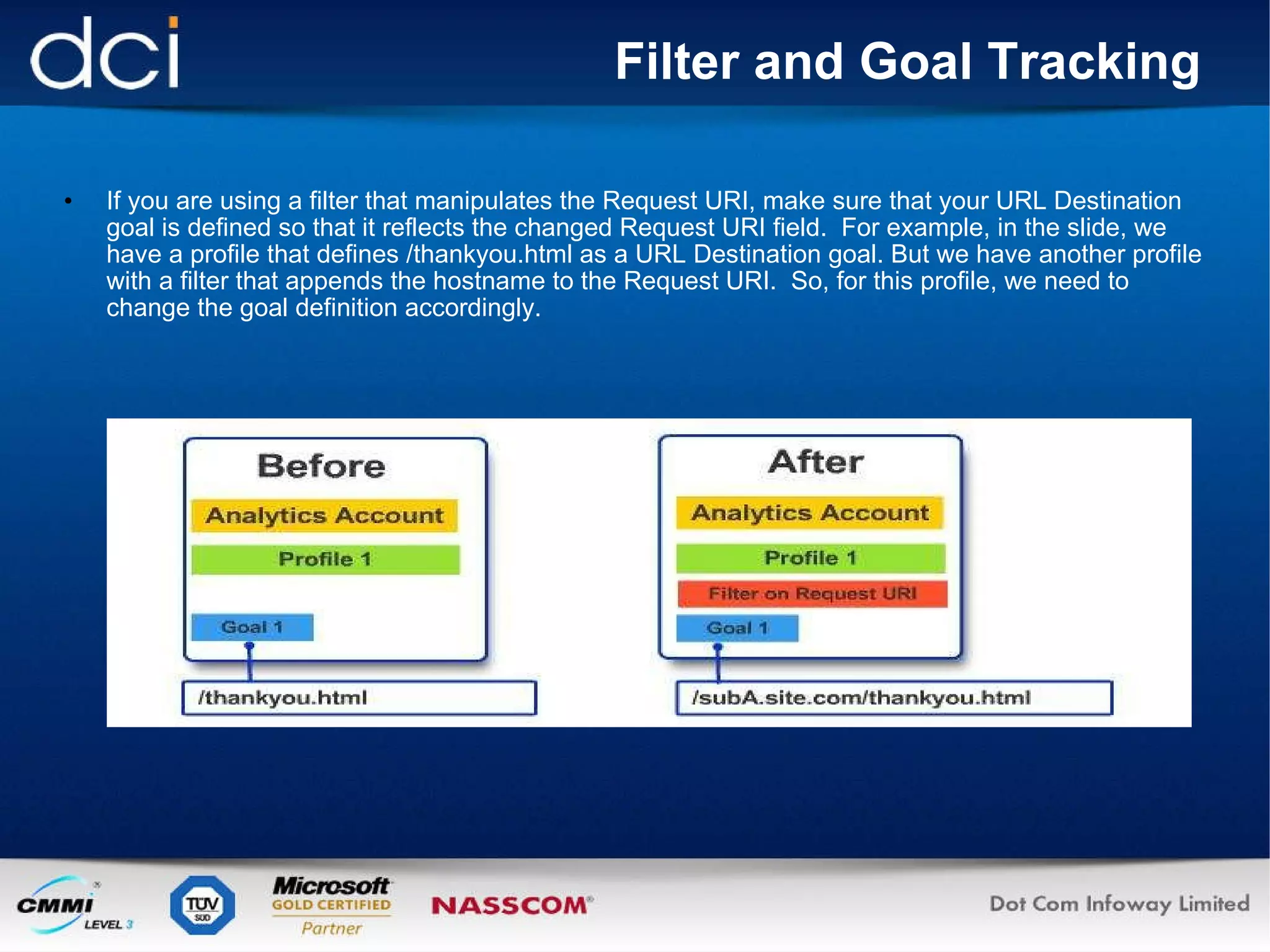 Filter and Goal Tracking If you are using a filter that manipulates the Request URI, make sure that your URL Destination goal is defined so that it reflects the changed Request URI field.  For example, in the slide, we have a profile that defines /thankyou.html as a URL Destination goal. But we have another profile with a filter that appends the hostname to the Request URI.  So, for this profile, we need to change the goal definition accordingly.  