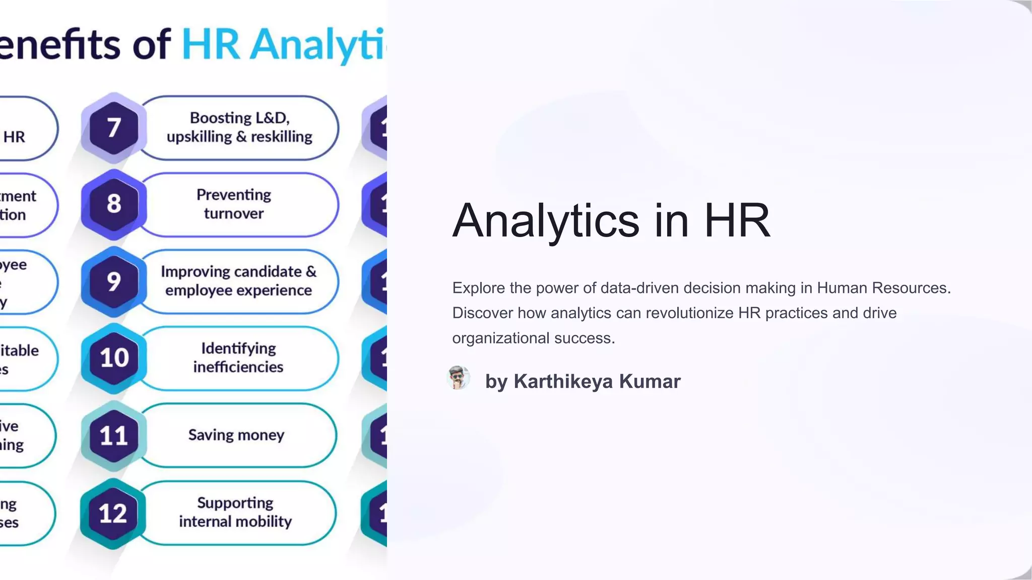 Analytics in HR
Explore the power of data-driven decision making in Human Resources.
Discover how analytics can revolutionize HR practices and drive
organizational success.
by Karthikeya Kumar
 