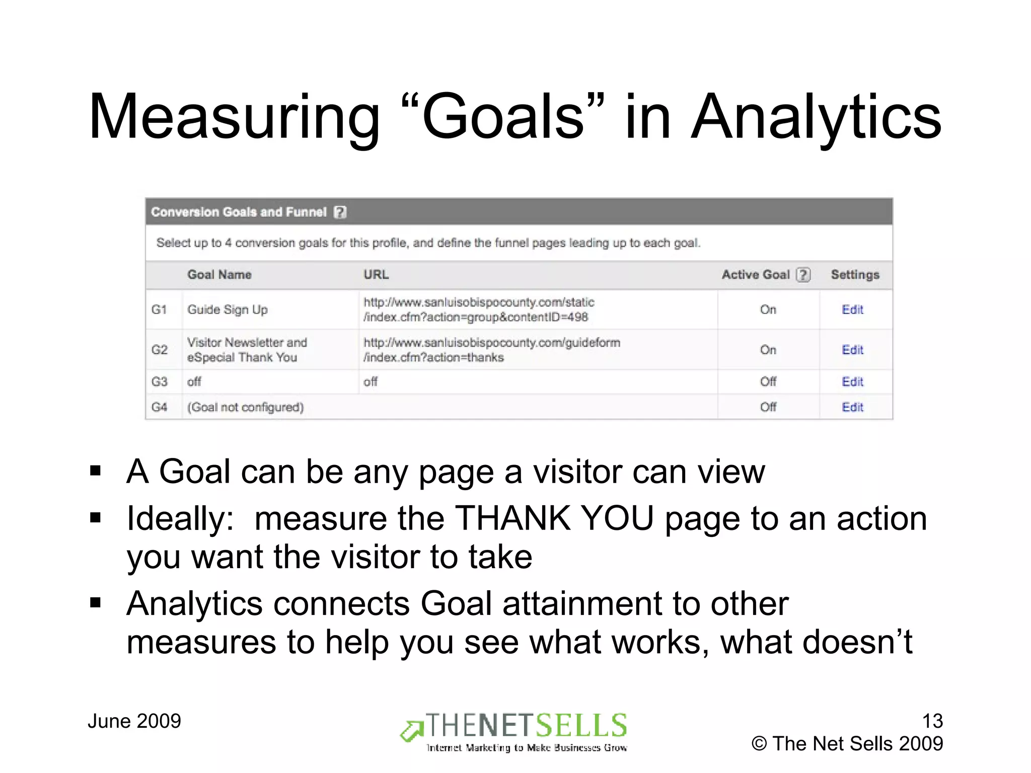 Measuring “Goals” in Analytics A Goal can be any page a visitor can view Ideally:  measure the THANK YOU page to an action you want the visitor to take Analytics connects Goal attainment to other measures to help you see what works, what doesn’t 