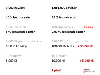 1.000 návštěv               1.001.000 návštěv

10 % bounce rate            99 % bounce rate

50 objednávek               100 objednávek      + 50 obj.
5 % konverzní poměr         0,01 % konverzní poměr

1.000 Kč prům. objednávka   1.000 Kč prům. objednávka
50.000 Kč tržby             100.000 Kč tržby + 50.000 Kč

10 % marže                  10 % marže
5.000 Kč                    10.000 Kč           + 5.000 Kč

                            1 pivo!
 