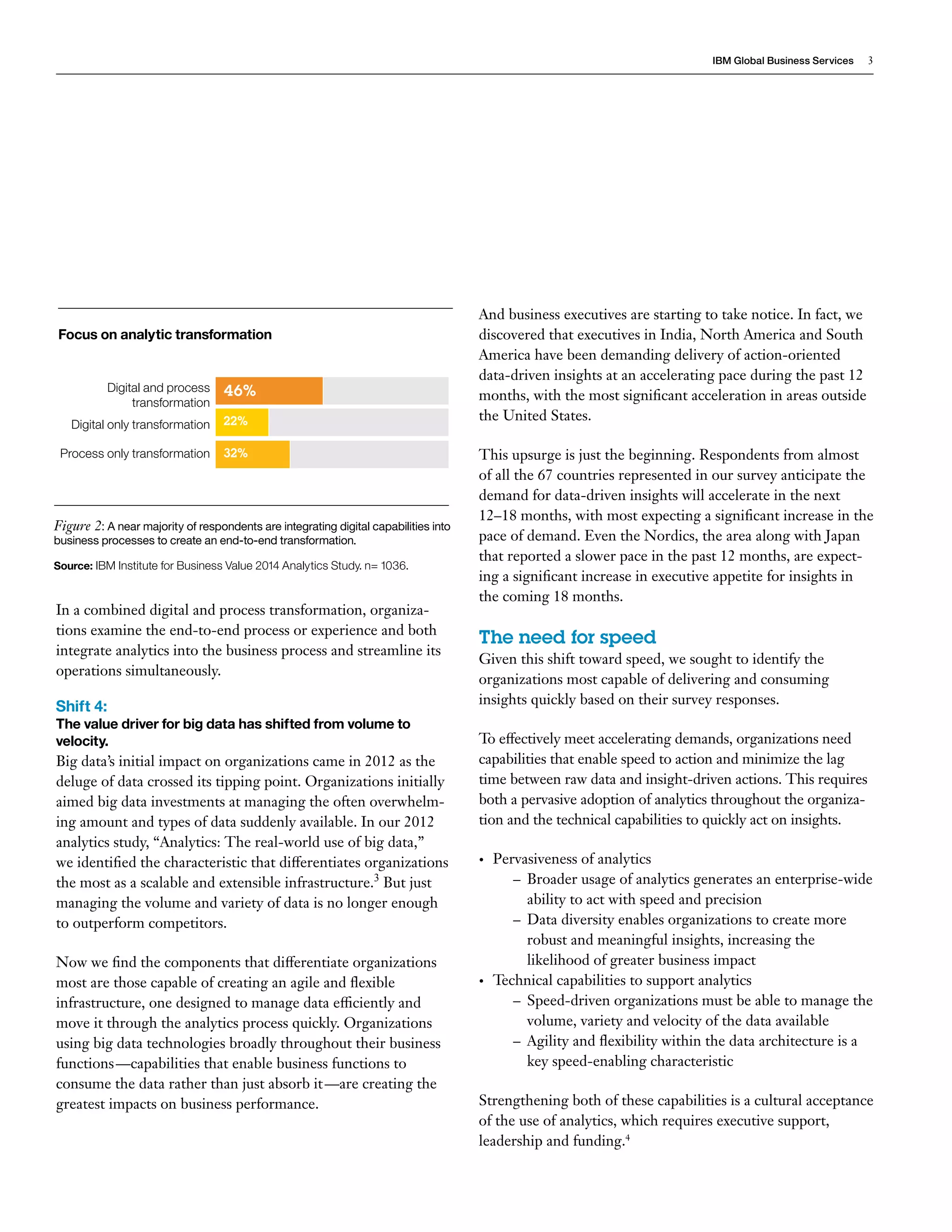 IBM Global Business Services 3 
In a combined digital and process transformation, organiza-tions 
examine the end-to-end process or experience and both 
integrate analytics into the business process and streamline its 
operations simultaneously. 
Shift 4: 
The value driver for big data has shifted from volume to 
velocity. 
Big data’s initial impact on organizations came in 2012 as the 
deluge of data crossed its tipping point. Organizations initially 
aimed big data investments at managing the often overwhelm-ing 
amount and types of data suddenly available. In our 2012 
analytics study, “Analytics: The real-world use of big data,” 
we identified the characteristic that differentiates organizations 
the most as a scalable and extensible infrastructure.3 But just 
managing the volume and variety of data is no longer enough 
to outperform competitors. 
Now we find the components that differentiate organizations 
most are those capable of creating an agile and flexible 
infrastructure, one designed to manage data efficiently and 
move it through the analytics process quickly. Organizations 
using big data technologies broadly throughout their business 
functions —capabilities that enable business functions to 
consume the data rather than just absorb it —are creating the 
greatest impacts on business performance. 
And business executives are starting to take notice. In fact, we 
discovered that executives in India, North America and South 
America have been demanding delivery of action-oriented 
data-driven insights at an accelerating pace during the past 12 
months, with the most significant acceleration in areas outside 
the United States. 
This upsurge is just the beginning. Respondents from almost 
of all the 67 countries represented in our survey anticipate the 
demand for data-driven insights will accelerate in the next 
12–18 months, with most expecting a significant increase in the 
pace of demand. Even the Nordics, the area along with Japan 
that reported a slower pace in the past 12 months, are expect-ing 
a significant increase in executive appetite for insights in 
the coming 18 months. 
The need for speed 
Given this shift toward speed, we sought to identify the 
organizations most capable of delivering and consuming 
insights quickly based on their survey responses. 
To effectively meet accelerating demands, organizations need 
capabilities that enable speed to action and minimize the lag 
time between raw data and insight-driven actions. This requires 
both a pervasive adoption of analytics throughout the organiza-tion 
and the technical capabilities to quickly act on insights. 
• Pervasiveness of analytics 
–– Broader usage of analytics generates an enterprise-wide 
ability to act with speed and precision 
––Data diversity enables organizations to create more 
robust and meaningful insights, increasing the 
likelihood of greater business impact 
• Technical capabilities to support analytics 
–– Speed-driven organizations must be able to manage the 
volume, variety and velocity of the data available 
–– Agility and flexibility within the data architecture is a 
key speed-enabling characteristic 
Strengthening both of these capabilities is a cultural acceptance 
of the use of analytics, which requires executive support, 
leadership and funding.4 
Focus on analytic transformation 
Figure 2: A near majority of respondents are integrating digital capabilities into 
business processes to create an end-to-end transformation. 
Source: IBM Institute for Business Value 2014 Analytics Study. n= 1036. 
Digital and process 
transformation 
Digital only transformation 
Process only transformation 
46% 
22% 
32% 
 