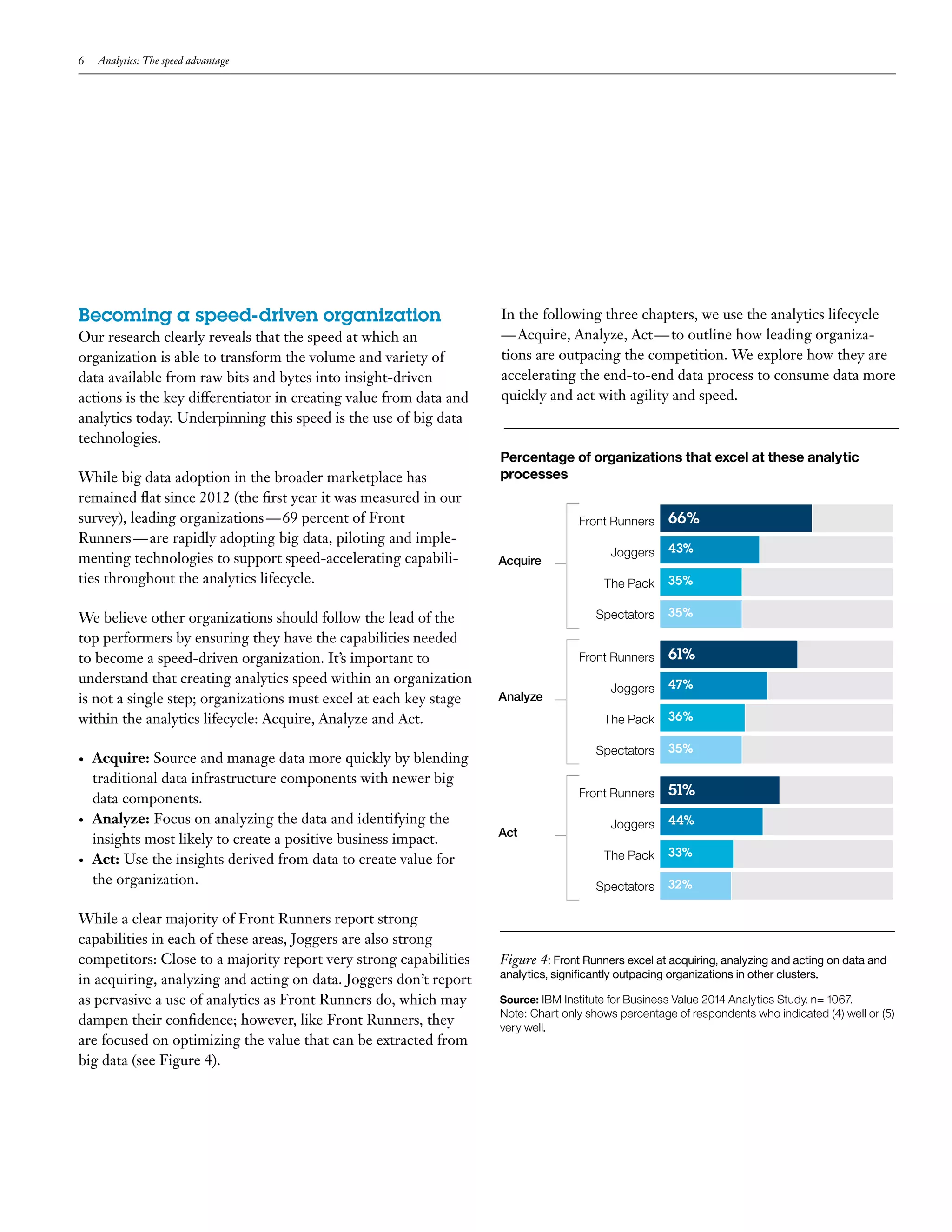 6 Analytics: The speed advantage 
Becoming a speed-driven organization 
Our research clearly reveals that the speed at which an 
organization is able to transform the volume and variety of 
data available from raw bits and bytes into insight-driven 
actions is the key differentiator in creating value from data and 
analytics today. Underpinning this speed is the use of big data 
technologies. 
While big data adoption in the broader marketplace has 
remained flat since 2012 (the first year it was measured in our 
survey), leading organizations — 69 percent of Front 
Runners — are rapidly adopting big data, piloting and imple-menting 
technologies to support speed-accelerating capabili-ties 
throughout the analytics lifecycle. 
We believe other organizations should follow the lead of the 
top performers by ensuring they have the capabilities needed 
to become a speed-driven organization. It’s important to 
understand that creating analytics speed within an organization 
is not a single step; organizations must excel at each key stage 
within the analytics lifecycle: Acquire, Analyze and Act. 
• Acquire: Source and manage data more quickly by blending 
traditional data infrastructure components with newer big 
data components. 
• Analyze: Focus on analyzing the data and identifying the 
insights most likely to create a positive business impact. 
• Act: Use the insights derived from data to create value for 
the organization. 
While a clear majority of Front Runners report strong 
capabilities in each of these areas, Joggers are also strong 
competitors: Close to a majority report very strong capabilities 
in acquiring, analyzing and acting on data. Joggers don’t report 
as pervasive a use of analytics as Front Runners do, which may 
dampen their confidence; however, like Front Runners, they 
are focused on optimizing the value that can be extracted from 
big data (see Figure 4). 
In the following three chapters, we use the analytics lifecycle 
— Acquire, Analyze, Act — to outline how leading organiza-tions 
are outpacing the competition. We explore how they are 
accelerating the end-to-end data process to consume data more 
quickly and act with agility and speed. 
Percentage of organizations that excel at these analytic 
processes 
Figure 4: Front Runners excel at acquiring, analyzing and acting on data and 
analytics, significantly outpacing organizations in other clusters. 
Source: IBM Institute for Business Value 2014 Analytics Study. n= 1067. 
Note: Chart only shows percentage of respondents who indicated (4) well or (5) 
very well. 
Front Runners 
Joggers 
The Pack 
Spectators 
66% 
43% 
35% 
35% 
Acquire 
Front Runners 
Joggers 
The Pack 
Spectators 
51% 
44% 
33% 
32% 
Act 
Front Runners 
Joggers 
The Pack 
Spectators 
61% 
47% 
36% 
35% 
Analyze 
 