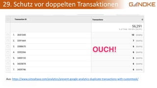 29. Schutz vor doppelten Transaktionen
Aus: https://www.simoahava.com/analytics/prevent-google-analytics-duplicate-transactions-with-customtask/
 