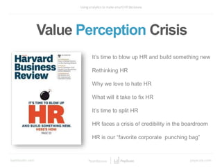 It’s time to blow up HR and build something new
Rethinking HR
Why we love to hate HR
What will it take to fix HR
It’s time to split HR
HR faces a crisis of credibility in the boardroom
HR is our “favorite corporate punching bag”
Value Perception Crisis
 