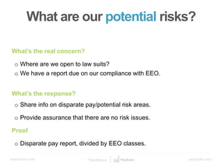 bamboohr.com payscale.com
5 Steps to a Smart Compensation Plan
What’s the real concern?
o Where are we open to law suits?
o We have a report due on our compliance with EEO.
What’s the response?
o Share info on disparate pay/potential risk areas.
o Provide assurance that there are no risk issues.
Proof
o Disparate pay report, divided by EEO classes.
What are our potential risks?
 