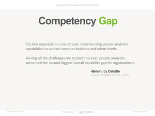 Competency Gap
Too few organizations are actively implementing people analytics
capabilities to address complex business and talent needs.
Among all the challenges we studied this year, people analytics
presented the second-biggest overall capability gap for organizations.
-Bersin, by Deloitte
Human Capital Trends, 2015
 